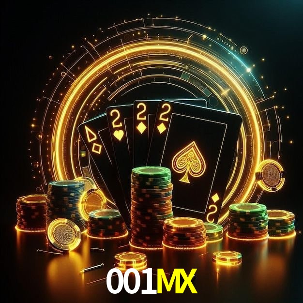 Escena dinámica inspirada en casino con iluminación 001MX, cartas, fichas e íconos de juegos digitales en un espacio moderno de juegos.