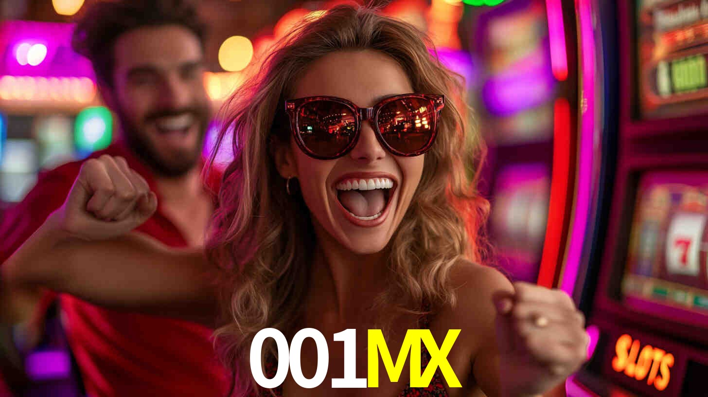 Una escena digital vívida inspirada en casino con 001MX mostrado prominentemente, luces brillantes, fichas, cartas y acentos dorados.