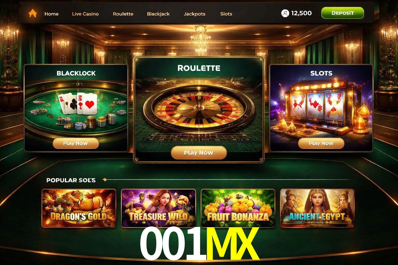 Vista de la plataforma 001MX Casino mostrando categorías organizadas de juegos en línea
